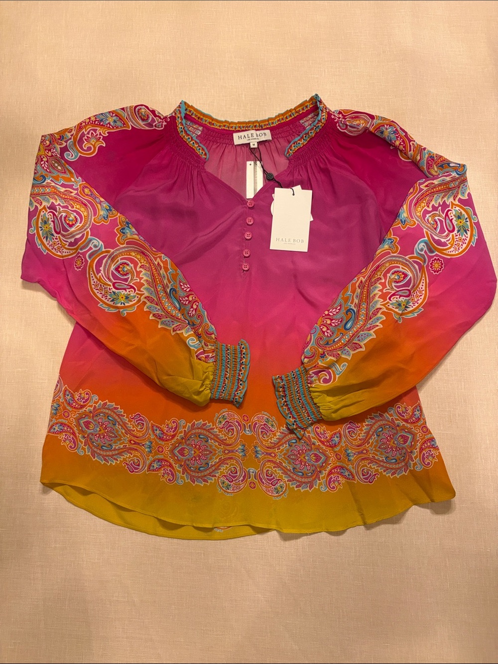 Hale Bob Fuchsia to Orange Ombre Paisley Button Blouse